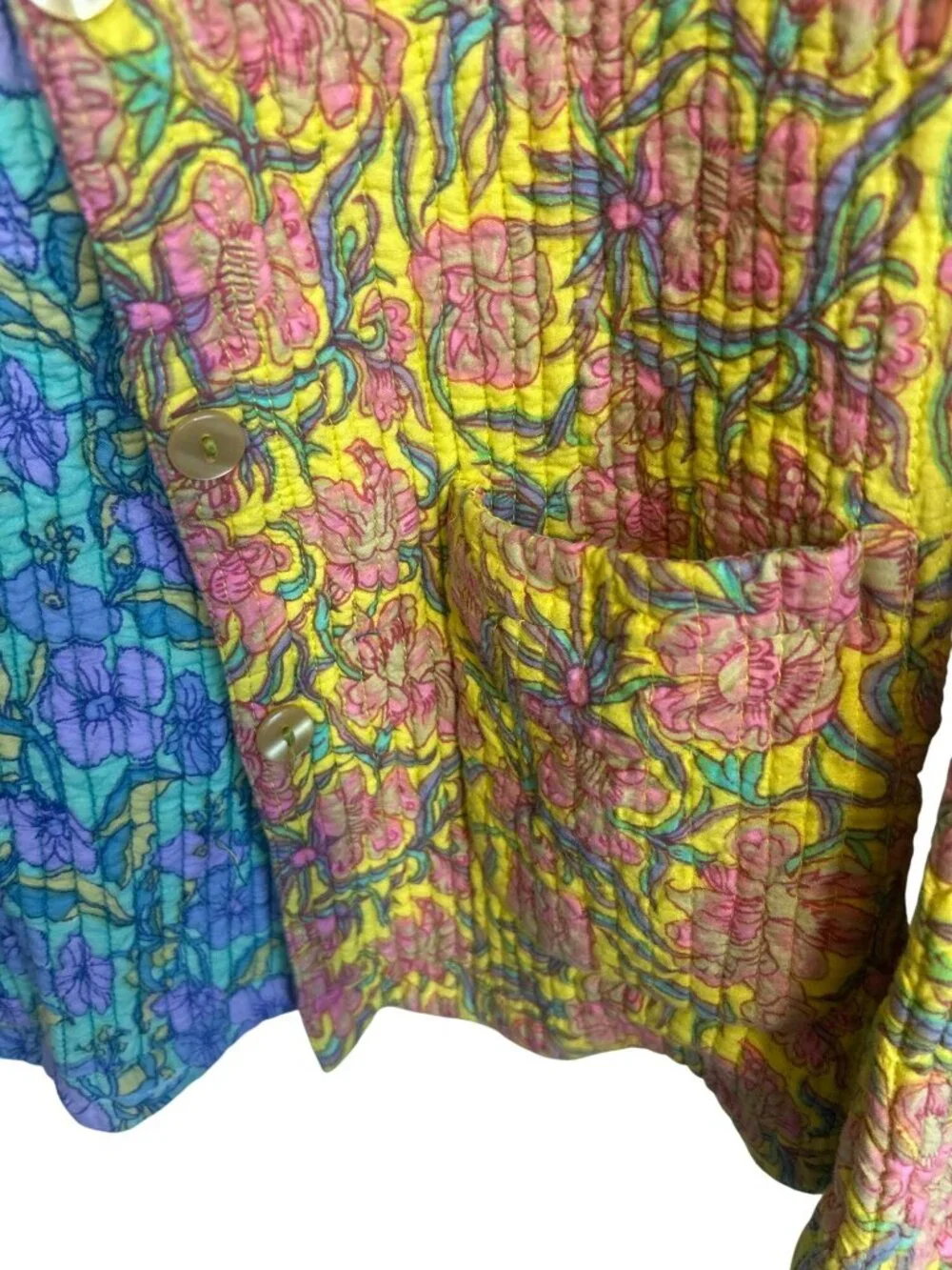 Anu by Natural Reversible Quilted Floral Jacket Yellow Blue Button Artisan
